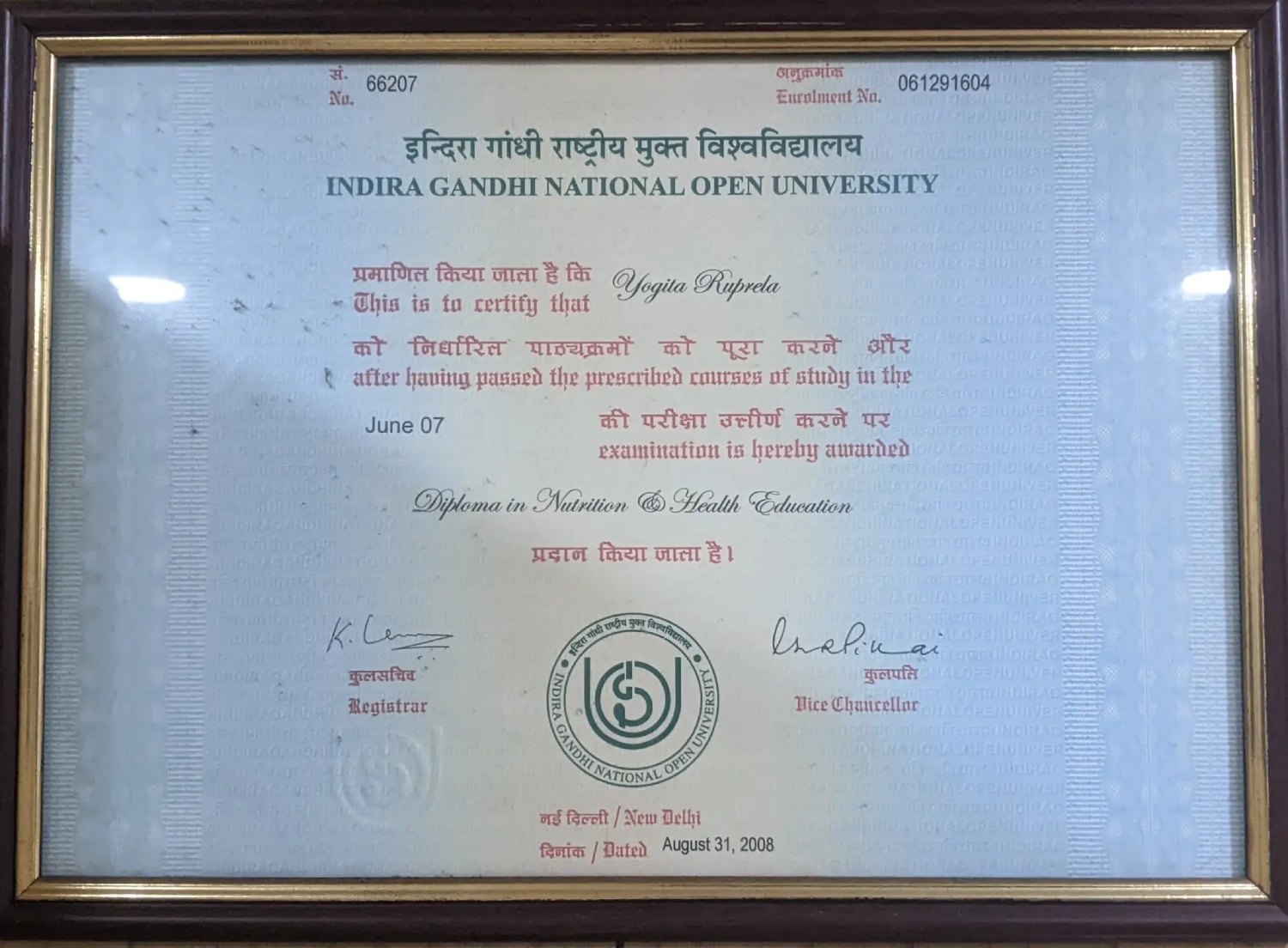 Diploma in Nutrition and Health Education IGNOU Certificate Dr Yogitaa Mandhyaan