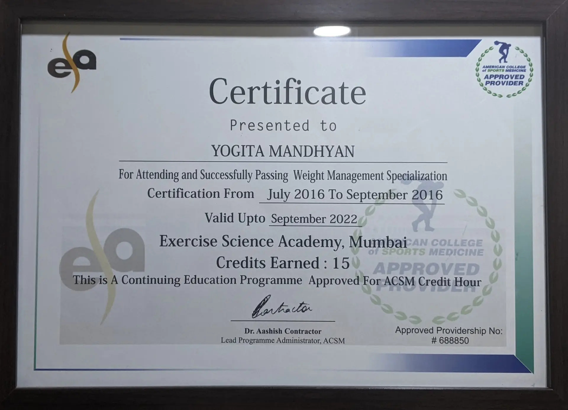 Weight Management Specialization ESA ACSM Certificate Dr Yogitaa Mandhyaan 2016
