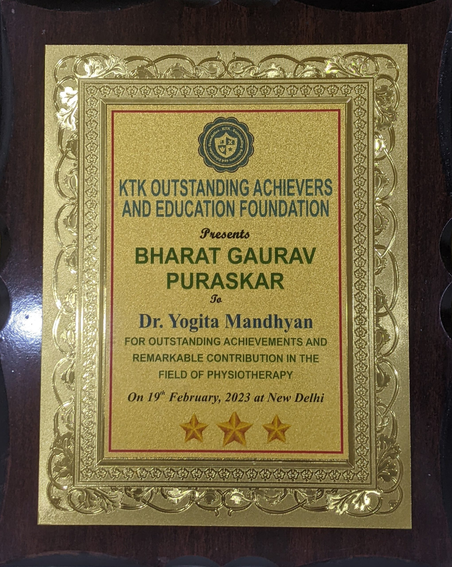 Bharat Gaurav Puraskar Dr Yogitaa Mandhyaan KTK Foundation New Delhi 2023