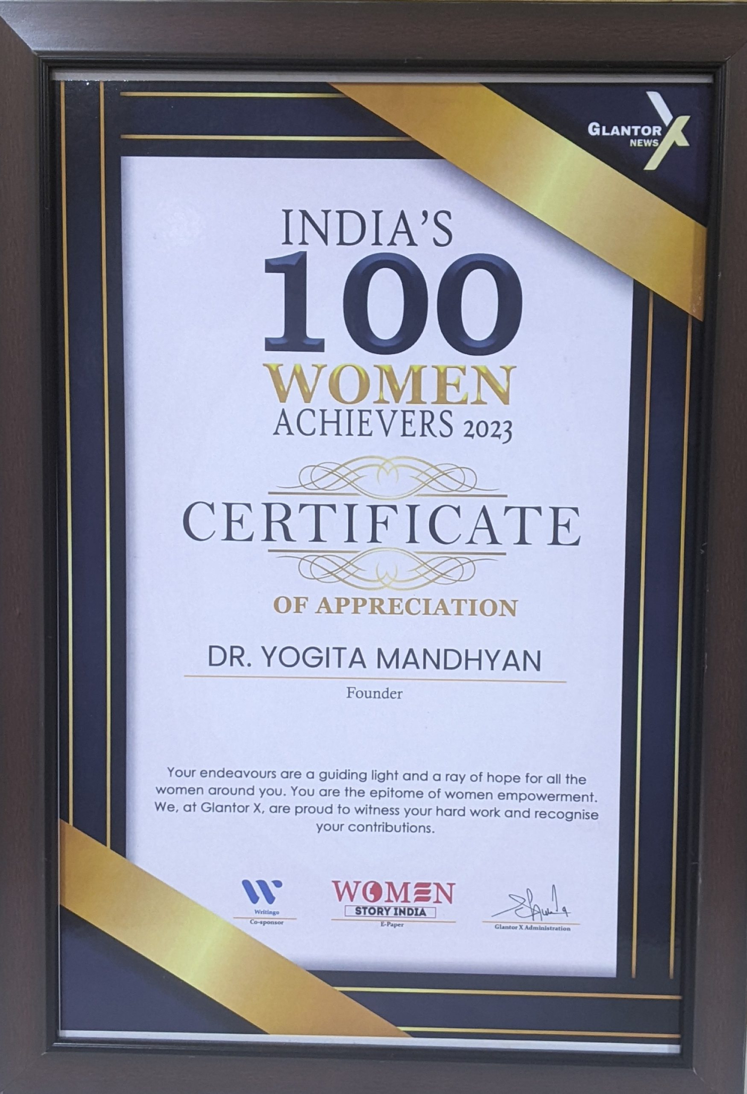 India 100 Women Achievers 2023 Dr Yogitaa Mandhyaan Glantor X