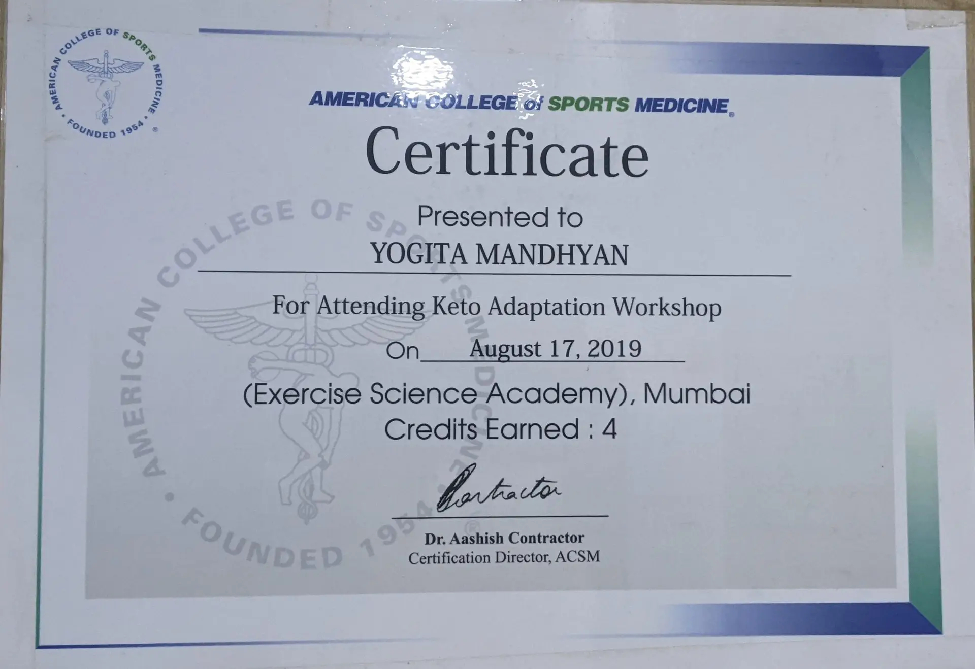 Keto Adaptation Workshop ACSM Certificate Dr Yogitaa Mandhyaan Mumbai 2019