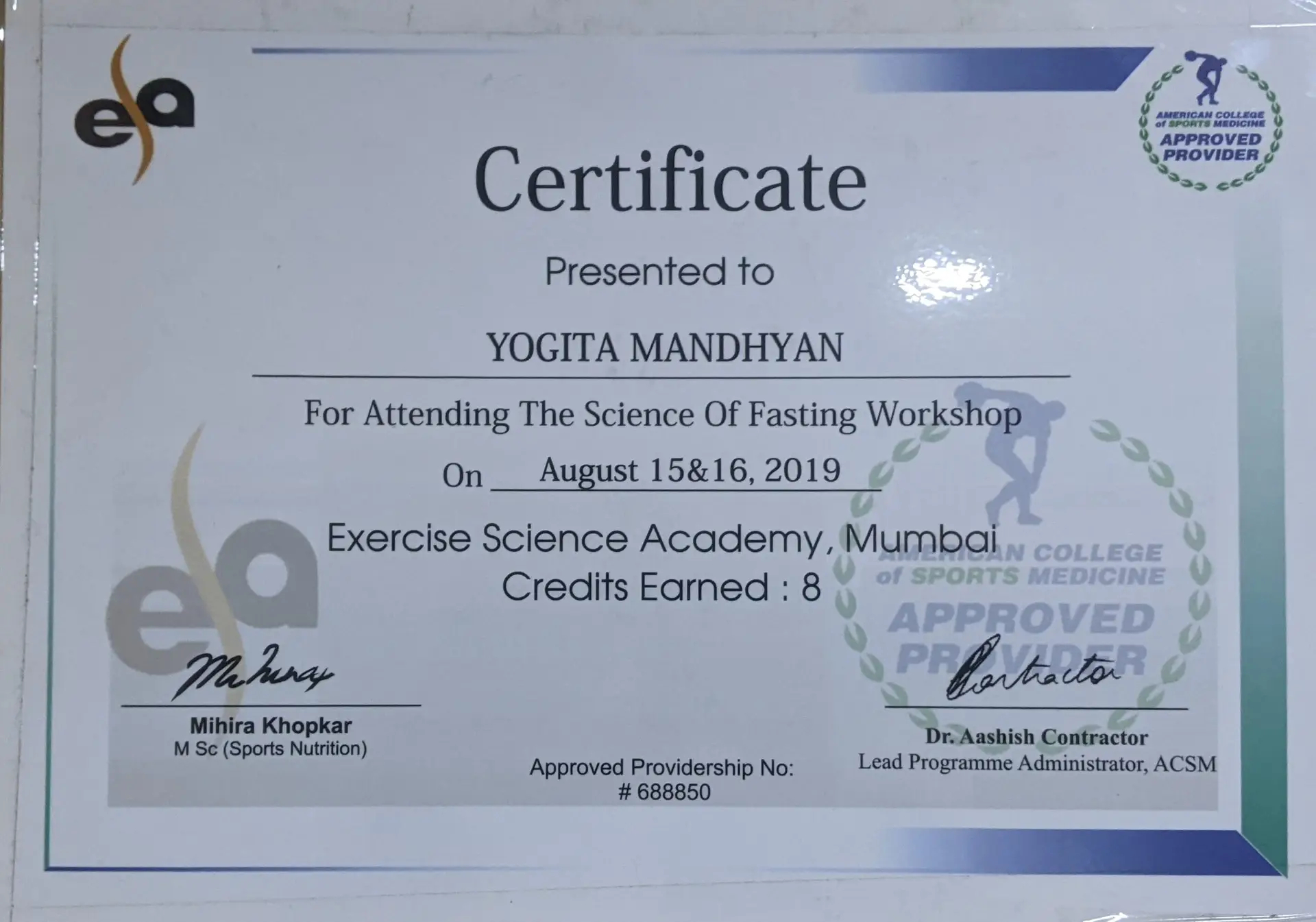 Science of Fasting Workshop ESA ACSM Certificate Dr Yogitaa Mandhyaan Mumbai 2019