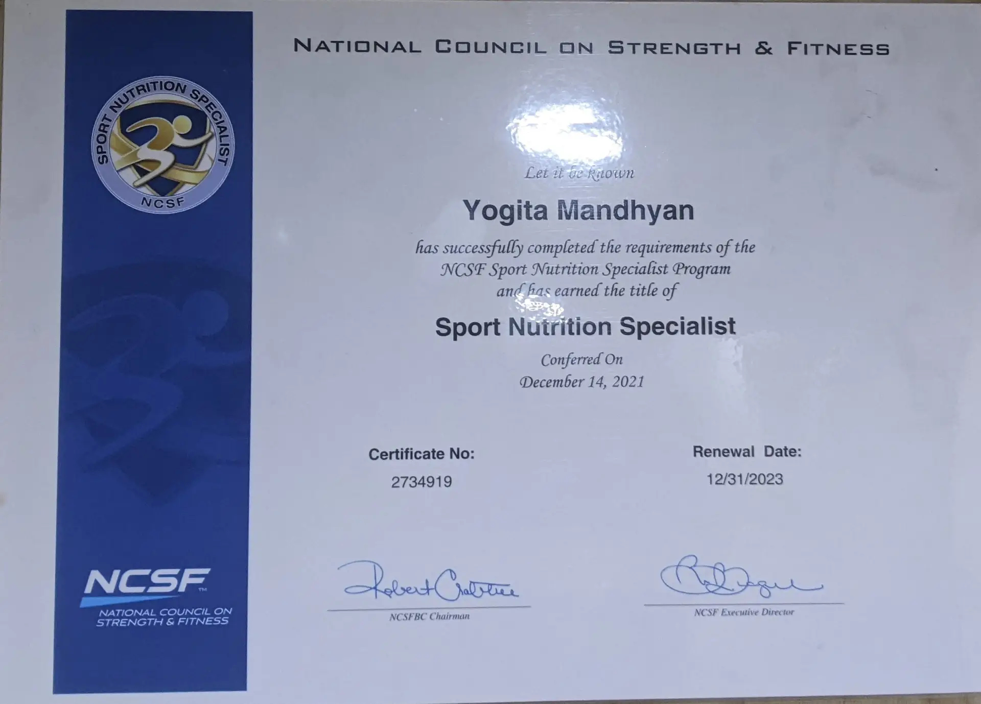 NCSF Sport Nutrition Specialist Certificate Dr Yogitaa Mandhyaan 2021